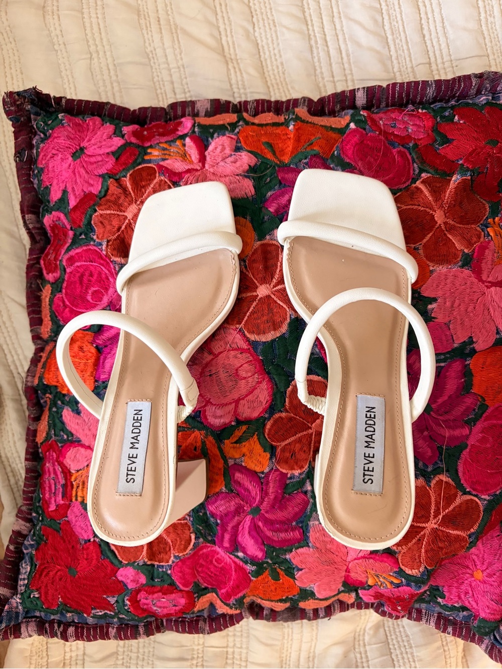 Steve Madden White Square-Strap Block Heel Sandals